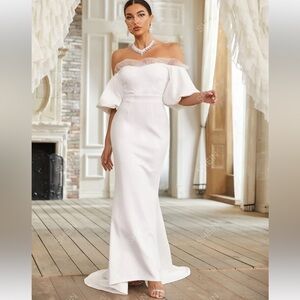 Size L 8/10 Wedding Dress Off Shoulder Mermaid Hem Tulle Contrast Mesh Accents